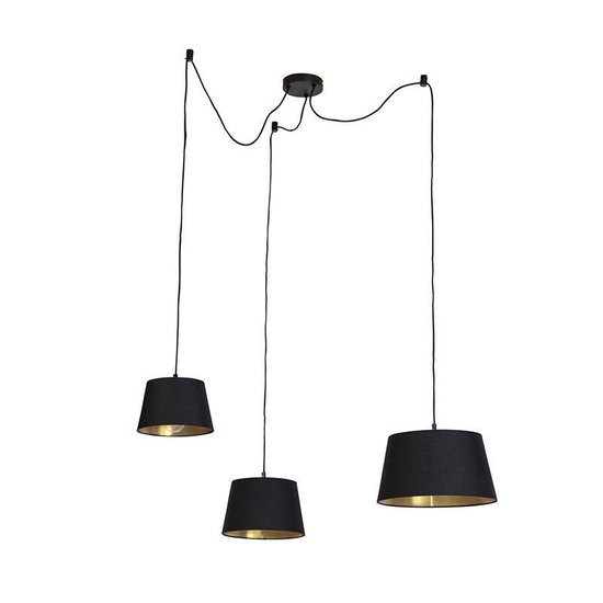 QAZQA cava - Klassieke Hanglamp met kap - 3 lichts - L 850 mm - Zwart Goud - Woonkamer | Slaapkamer | Keuken