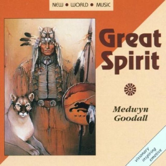 CD-hoes van Medwyn Goodall met 'Great Spirit'. Een Native American-man in traditionele kleding met een poema ernaast.