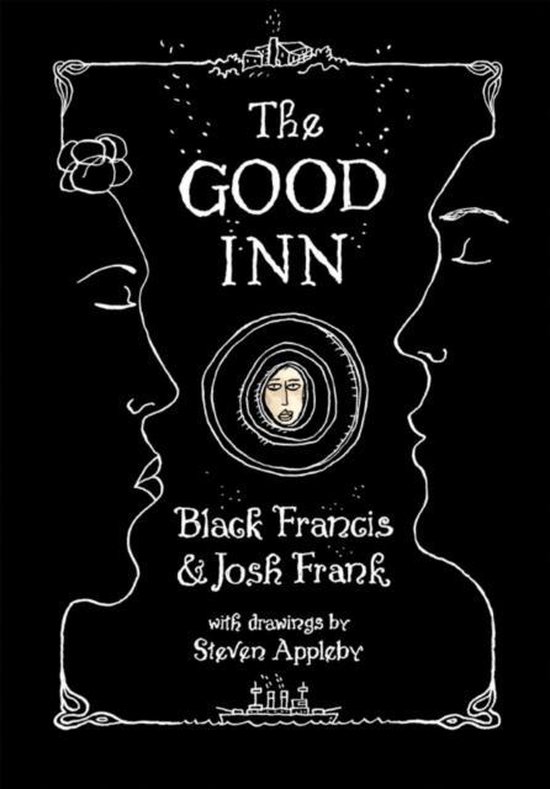 Boek kaft met "The Good Inn" in sierlijke letters, twee profielen die naar elkaar kijken, een gezicht in een cirkel en een schip aan de onderkant.