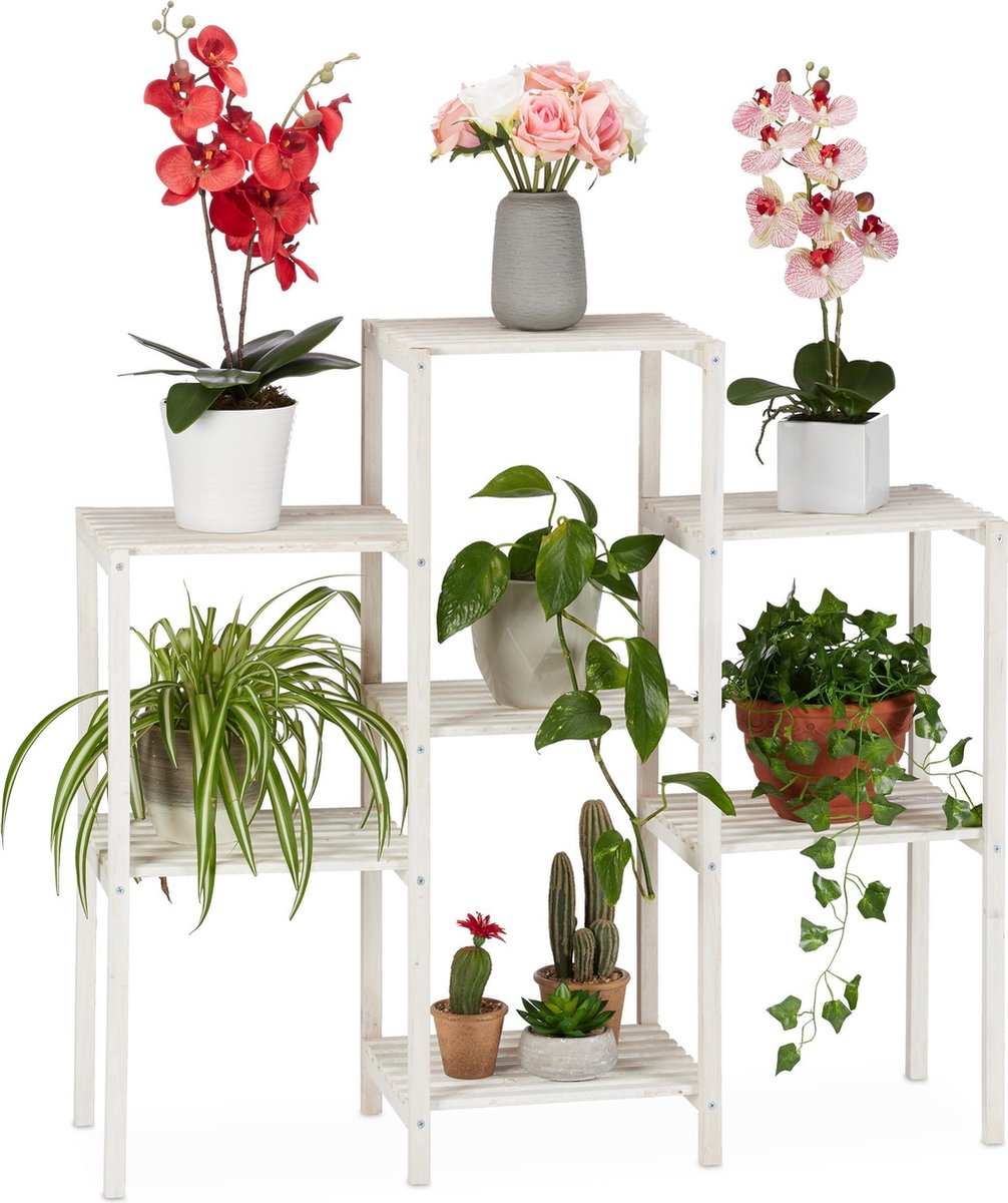 Relaxdays plantentrap met klimrek, plantenrek met 2 etages, staand bloemrek hout, HBD: 109x61x40 cm, gevlamd