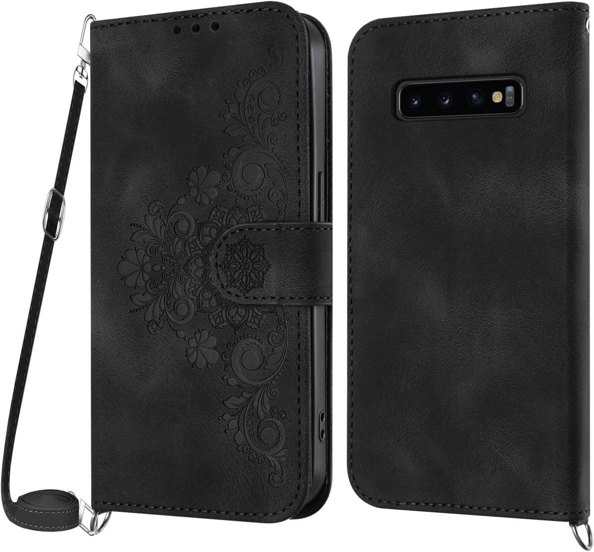 Hoesje voor Samsung Galaxy S10 Plus met koord, Lederen Flip Wallet Telefoon met pasjeshouder Kickstand Magneetsluiting Compatibel met Samsung S10 Plus - Zwart