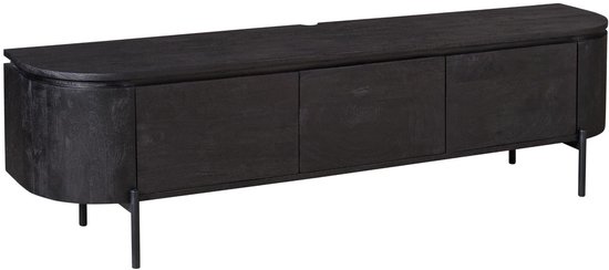 Zwart houten tv-meubel met afgeronde uiteinden en minimalistisch ontwerp, geïsoleerd tegen een witte achtergrond.