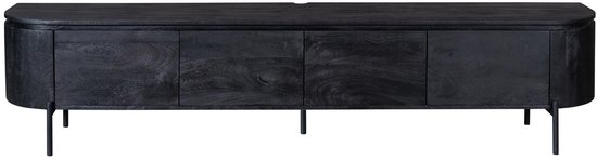 Zwart houten tv-meubel met afgeronde hoeken en slanke metalen poten, vier deuren met een houtnerf patroon.