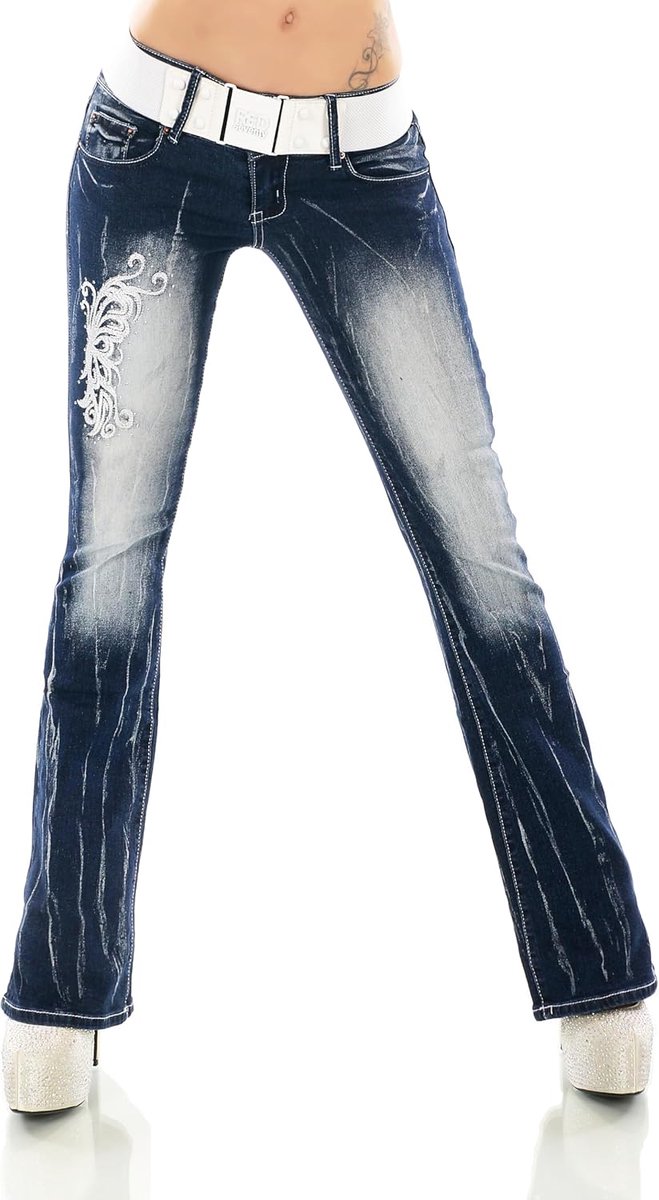 Jeans broek broek verschillende borduurwerk tattoo draak struisvogel belettering incl. riem XS-XXL