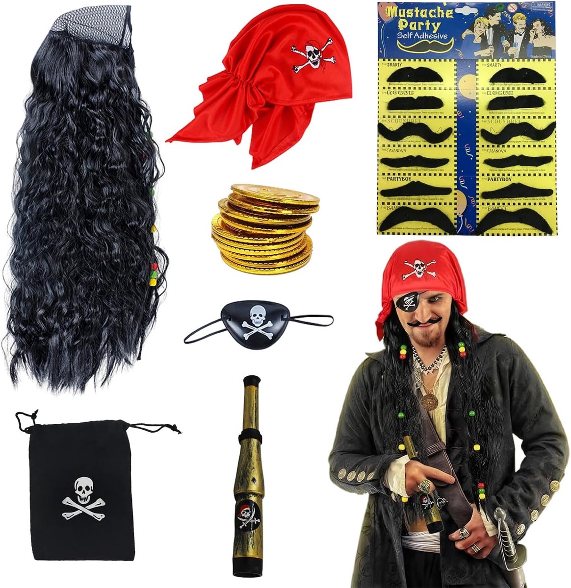 Piraten Kostuum, Accessoires Set - Ooglapjes, Hoofddoek, Halsketting, Oorring, Papegaai, Perfect voor Feest, Halloween, Carnaval