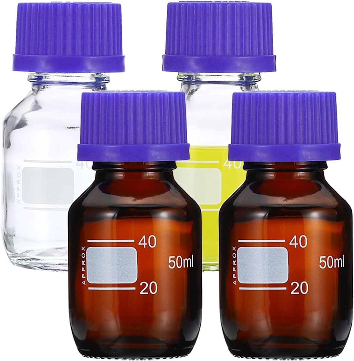50 ml monsterfles, 4 stuks reagens media opslagflessen borosilicaatglas gegradueerd rond met GL45 blauwe schroefdop voor laboratoriumwater reagensvloeistoffen, helder bruin