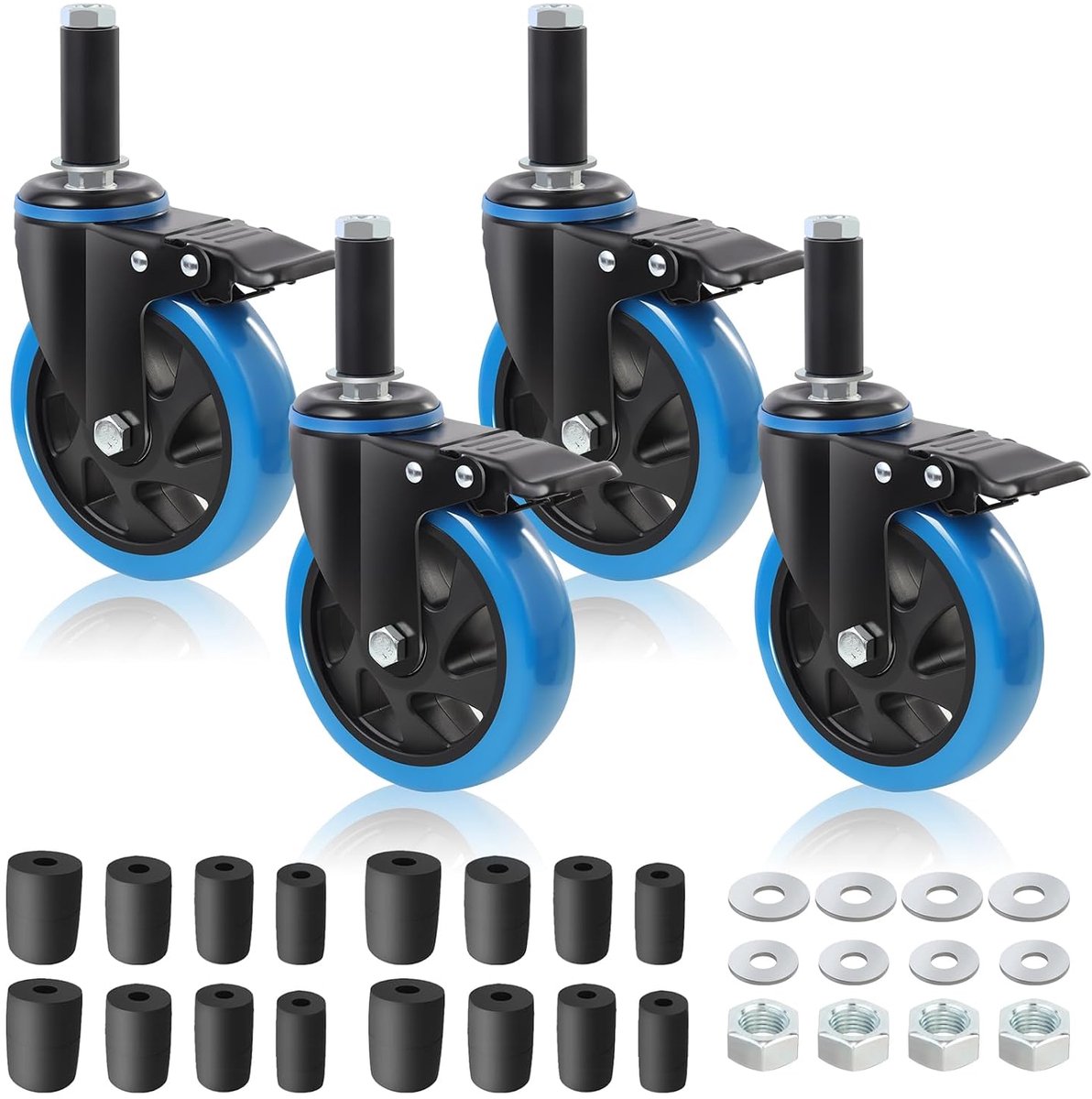 125 mm zware wielenset met rem, blauw, 10,2 cm, 700 kg draagkracht, geschikt voor buispoten van 23 mm/28 mm/34 mm/40 mm, uittrekbare meubelwielen, industriële wielen voor roestvrijstalen