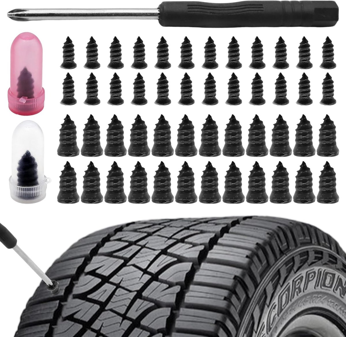 60-delige vacuüm-bandenreparatieset voor auto's, motorfietsen, vrachtwagens en fietsen, hoogwaardige rubberen reparatiespijkers (30 grote + 30 kleine) inclusief schroevendraaier voor een