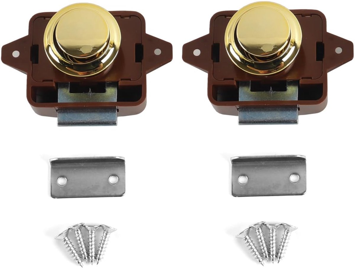2 stuks drukknopslot, 26 mm openingsgat, sleutelloze drukknop kast vergrendelknop voor camper/camper, caravan, boot, kastdeur (bruin + goud)