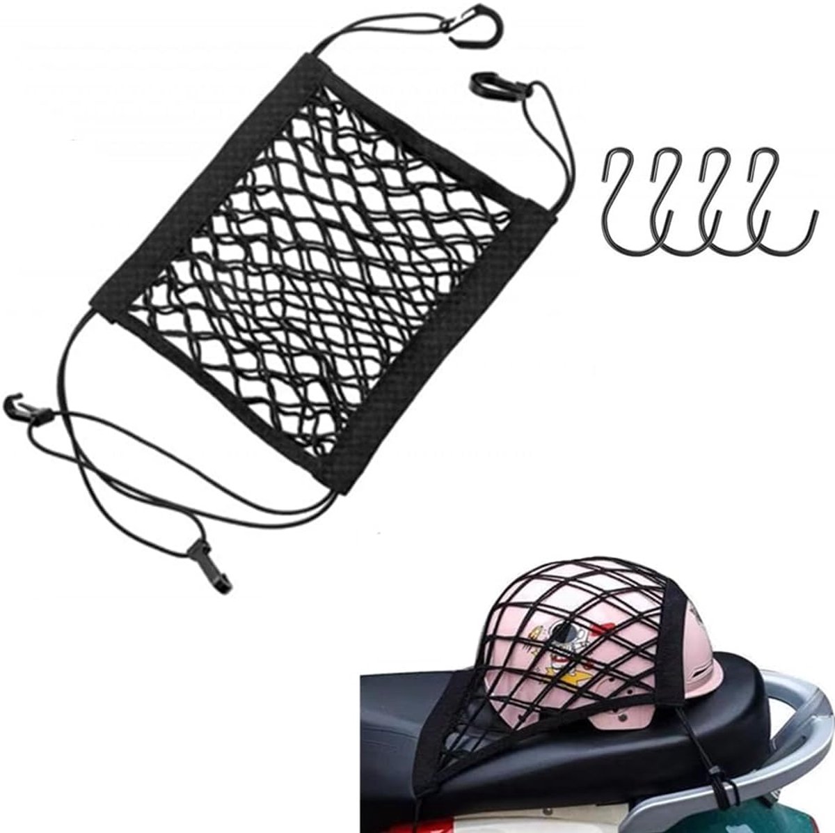 Net voor motorhelm, dubbellaags, net voor motorhelm, bagagenet voor motorfiets met 4 haken, net voor motorhelm voor bevestiging van bagage, zwart, bagage-opslag voor helm