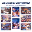 Set van kerstkaarten met diverse traditionele winterse en kersttaferelen.
