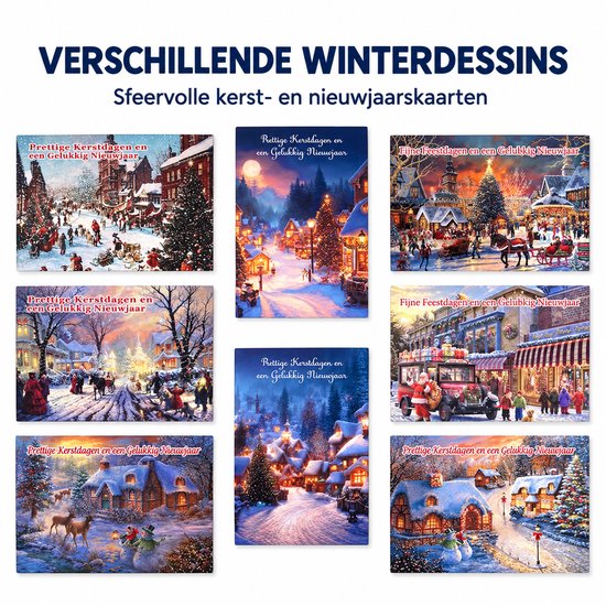 Set van kerstkaarten met diverse traditionele winterse en kersttaferelen.