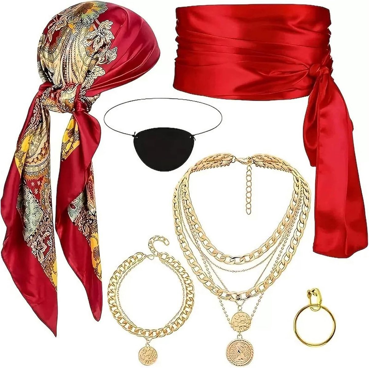 kostuum accessoireset voor volwassenen - carnaval Halloween accessoires: sjaal, riem, armband, halsketting, ringen, oogpatch met één oog