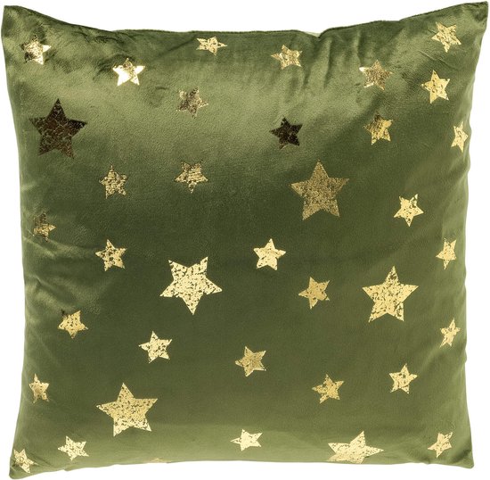 Vierkant fluwelen sierkussen in groen met een motief van glanzende gouden sterren.