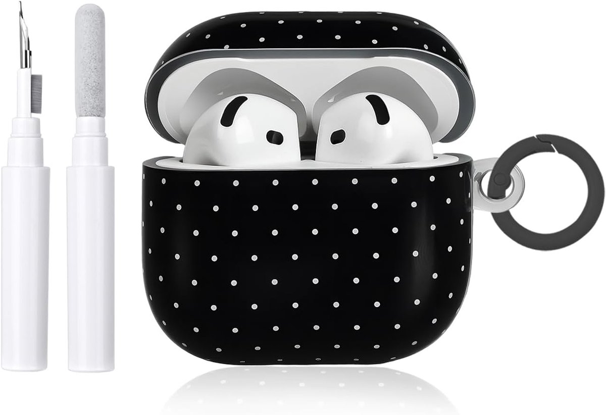 Compatibel met AirPods 4 Beschermhoes met schoonmaakset, schattig golfstipjespatroon Esthetisch ontwerp, krasbestendige sleutelhanger Hoes voor oordopjes en telefoon - Zwart