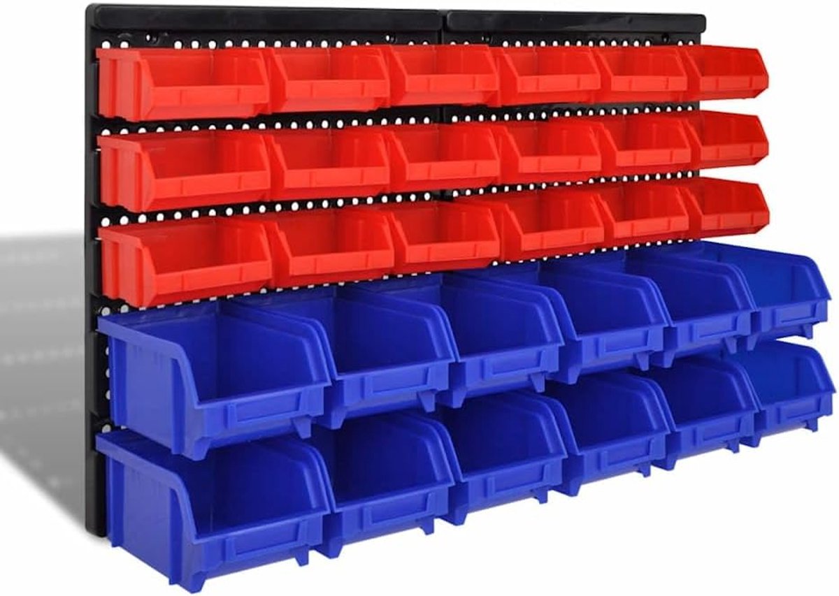 Werkplaats opbergrek met 30 stapelboxen blauw rood