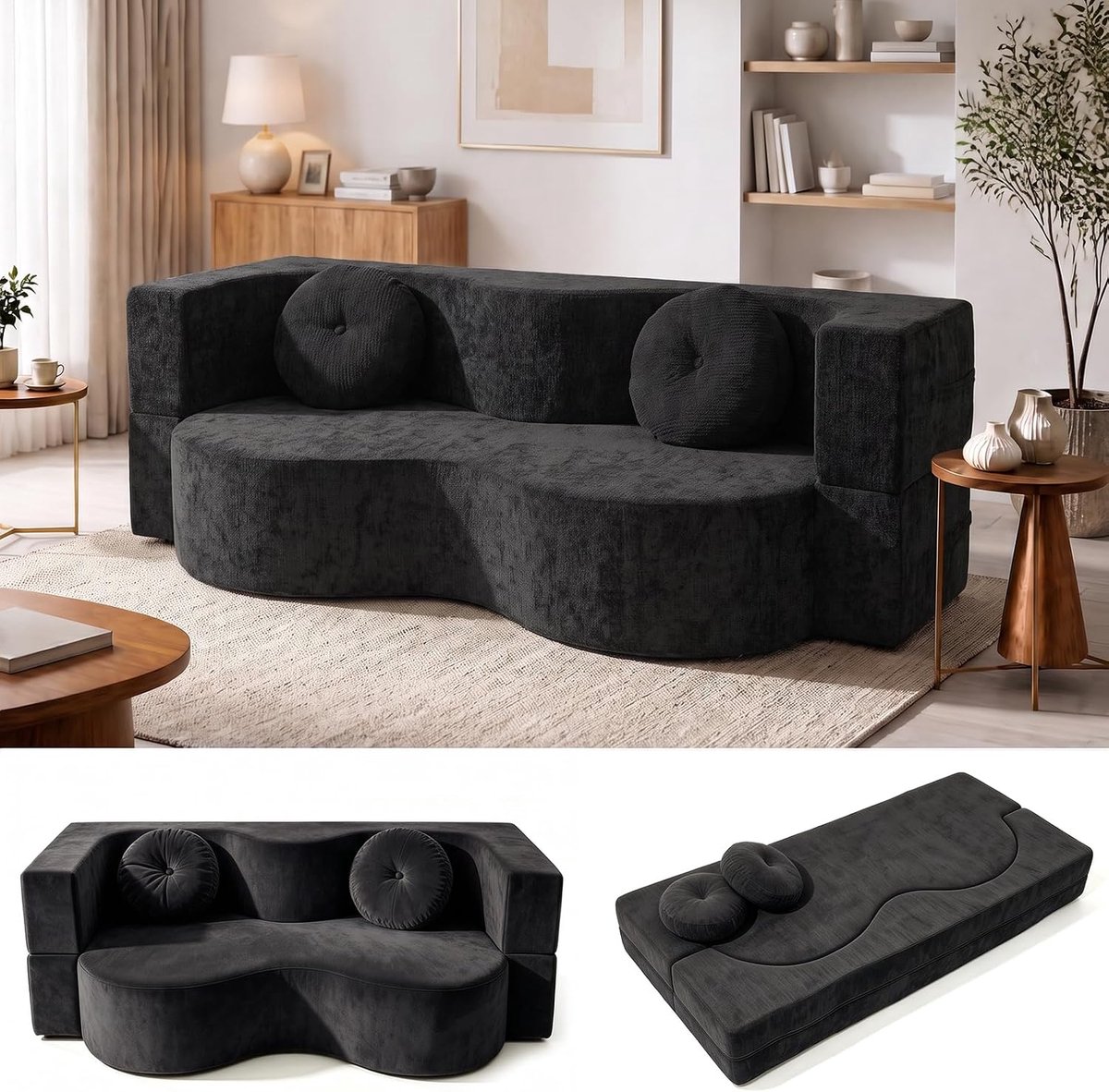 Zonder been, converteerbare slaapbank voor woonkamer, gecomprimeerd loveseat schuim met hoge dichtheid afneembare geweven stof, geen montage met 2 kussens (zwart, 150 x 100 cm)