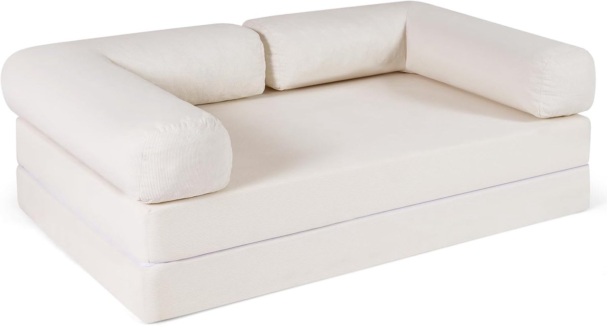 Slaapbank, 2-zits slaapstoel met afneembare armleuningen en rugleuning, opvouwbare Boneless slaapbank van corduroy, vloerbank met slaapfunctie voor woonkamer en slaapkamer, beige