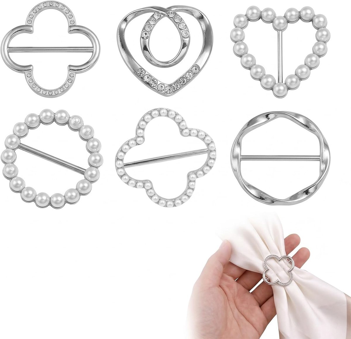 Broches voor dameskleding, gespen voor riemen en T-shirts, clips, overhemdclips met parels en strass, ringen voor sjaals en sjaals, mode-accessoires, zilverkleurig, 6 stuks