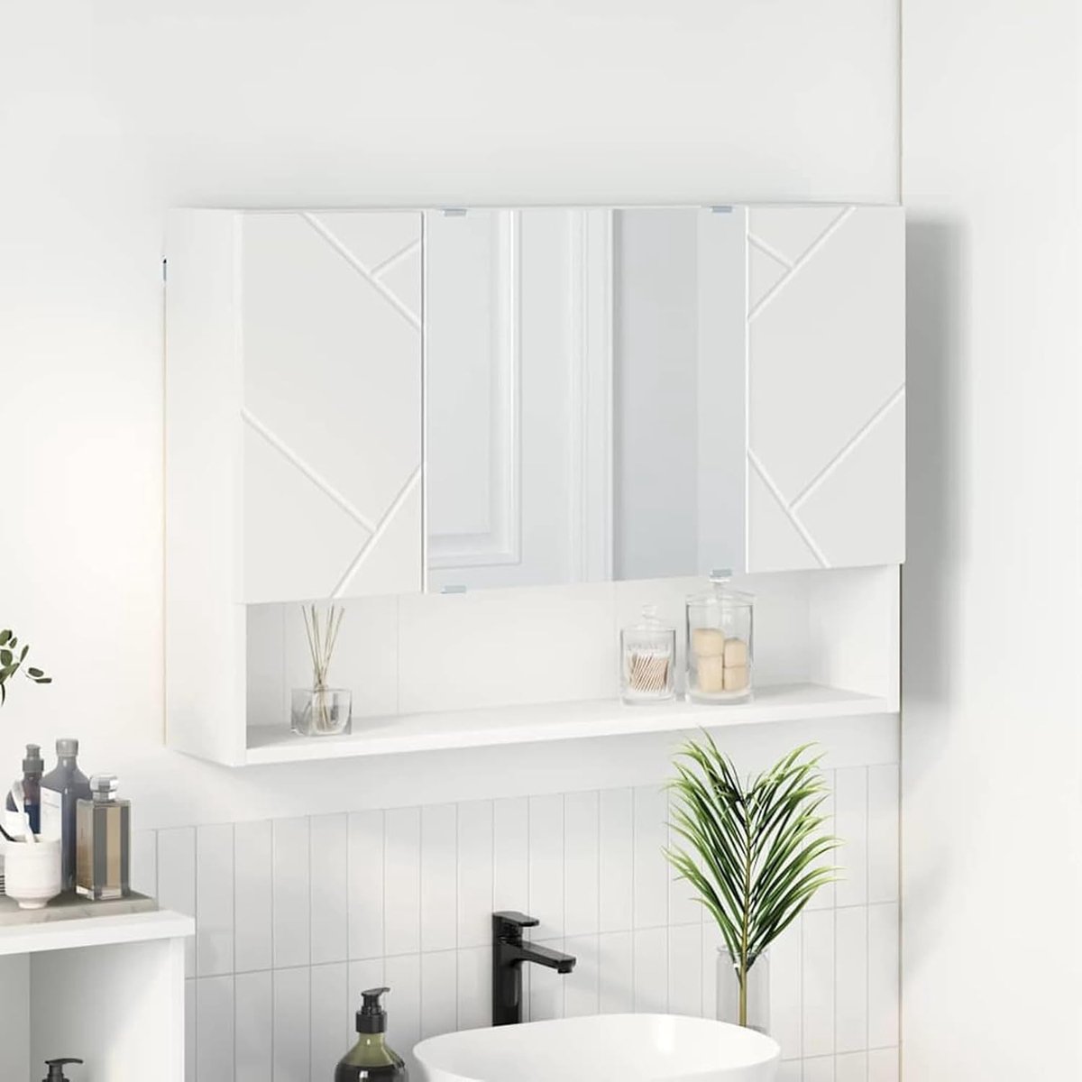 Spiegelkast, wandgemonteerd, wit, 80 x 17 x 55 cm, houtmateriaal, wandspiegel, moderne decoratieve spiegel voor badkamer, slaapkamer, hal, woning, hotel, 883354