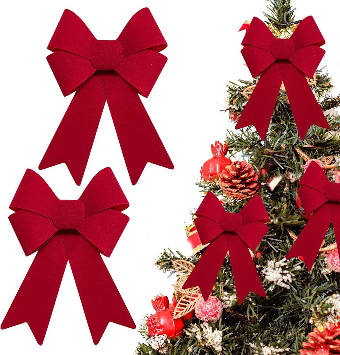 Strikken voor Kerstmis, 2 stuks, kerstboomdecoratiestrikken, grote kerststrikken, 23 x 30 cm, rode fluwelen strik, decoratie voor feest, Kerstmis, vakantie, bruiloft, feesten