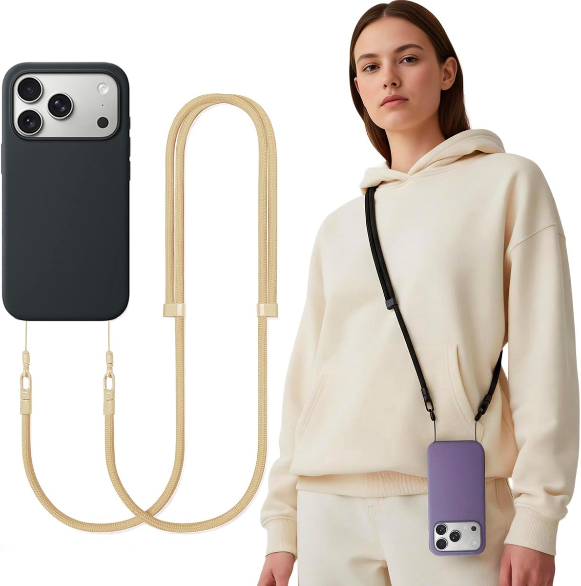 Schouderkoord voor mobiele telefoon, crossbody met lusband en tether-tab, verstelbare anti-diefstal telefoonriem, universeel compatibel met smartphones
