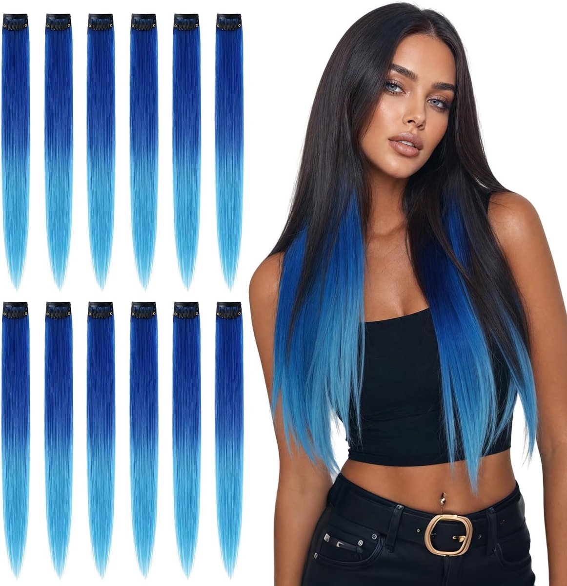 12 Stuks Ombre Clip-in Haarextensions Blauw naar Mint 55cm Lang Recht Haar Festival Accessoire voor Vrouwen