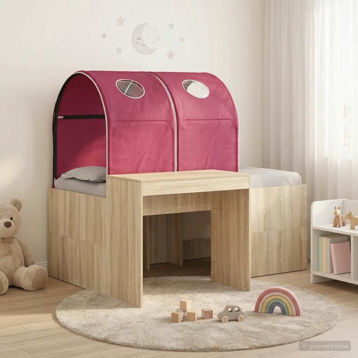 vidaXL Bed - met - Tunnel - 3 - st - Sonoma - eiken - en - rood - Bewerkt - hout Sonoma Eiken en Rood