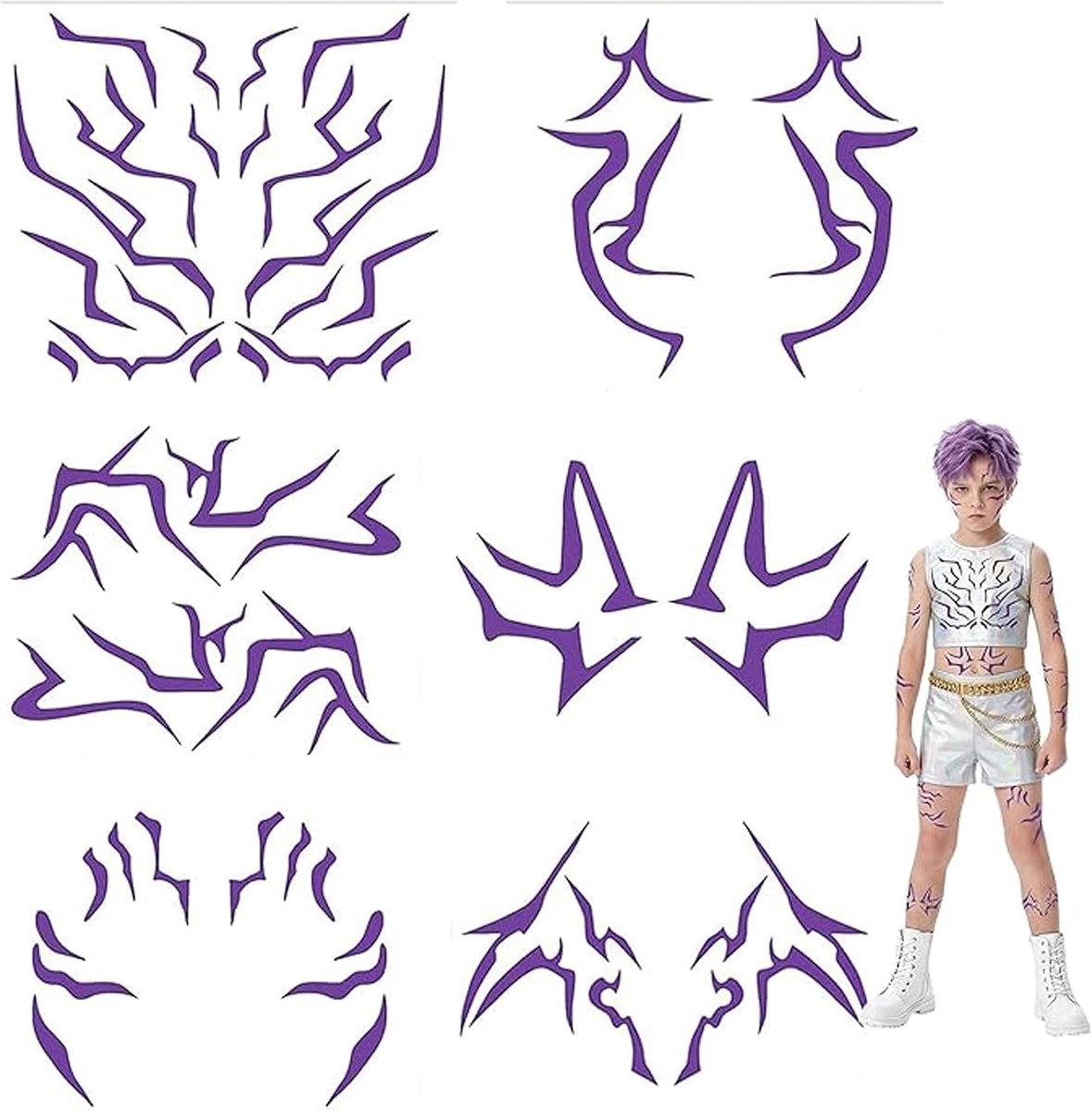 Tattoos, 6 stuks Anime accessoires Demon tattoo stickers, tijdelijke lichaamstatoeages, anime verkleedaccessoires, kindercosplay accessoires voor Halloween, Carnaval en verkleedpartijen