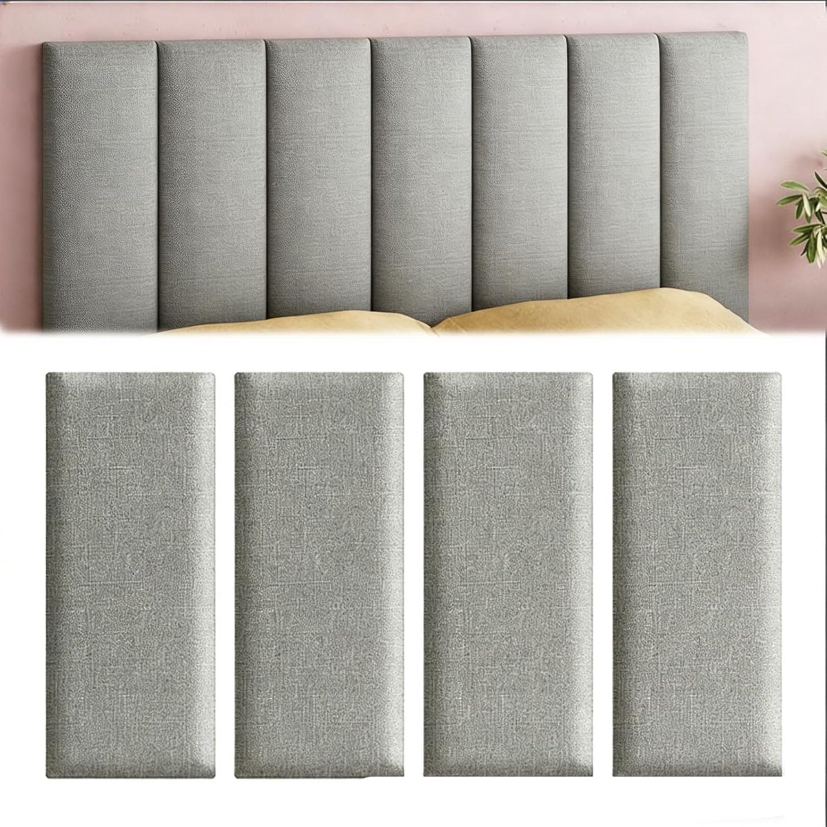 gevoerd, 4 stuks, 40 x 20 cm, zelfklevend, decoratieve wandpanelen, wandkussen, wanddecoratie voor slaapkamer, kinderkamer, kantoor, hal (lichtgrijs)