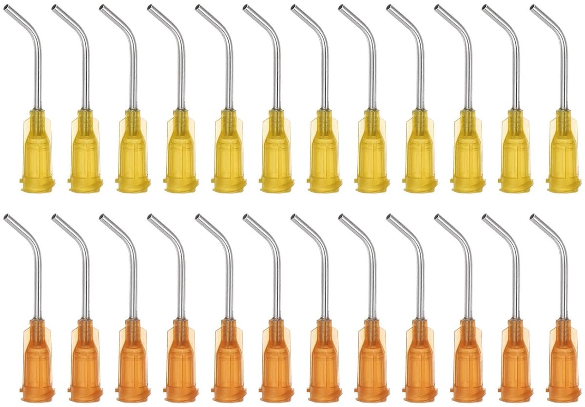 24 stuks afgeschuinde punt dispensernaalden 15 G 17 G 45 graden gebogen punt 2,5 cm schuine punt naald met schuine luer naald voor olie of lijm applicator barnsteen bruin