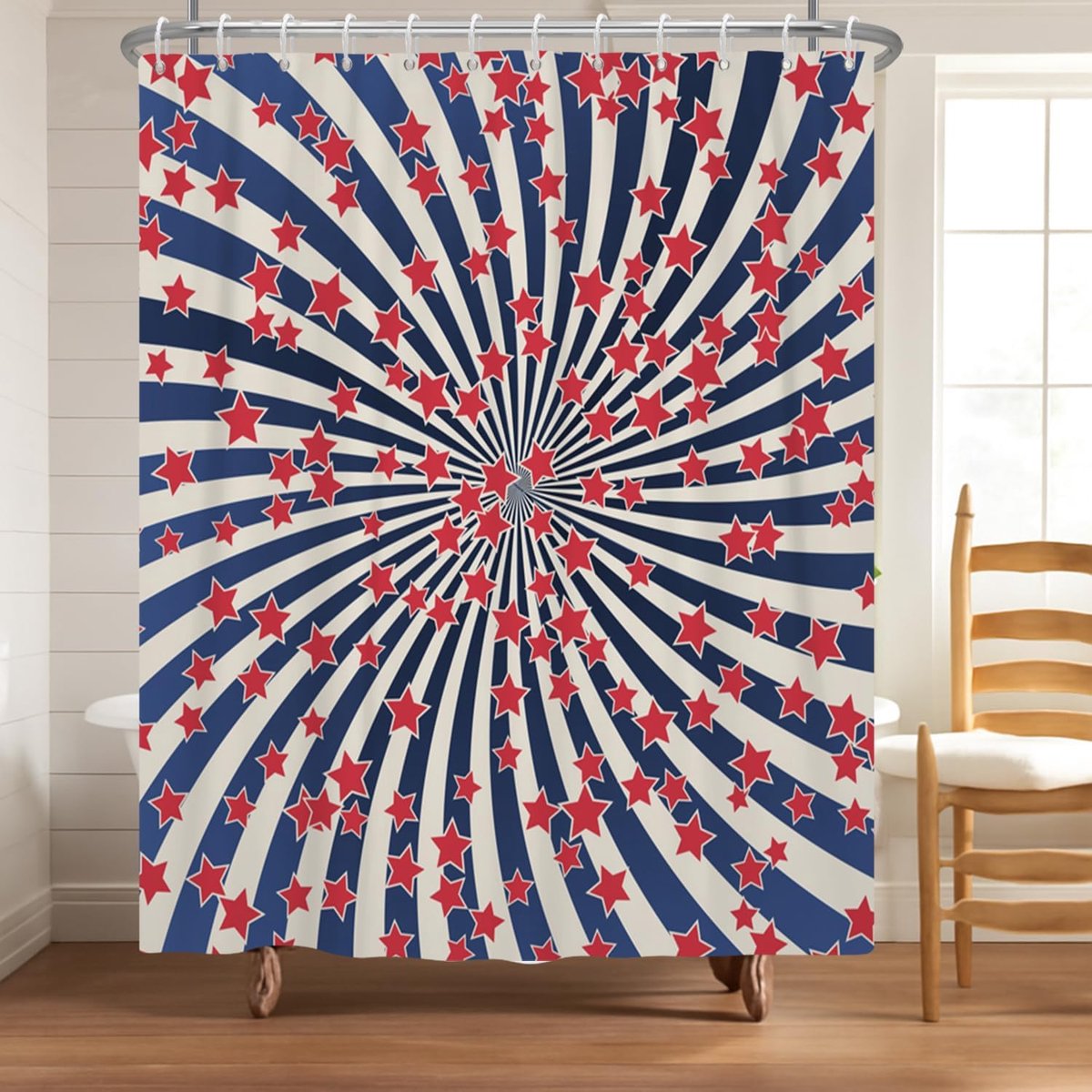 150 x 180 cm retro sterren douchegordijn spiraal marine strepen rode ster patroon vintage patriottisch waterdicht polyester met haken levendige retro badkamerdecoratie