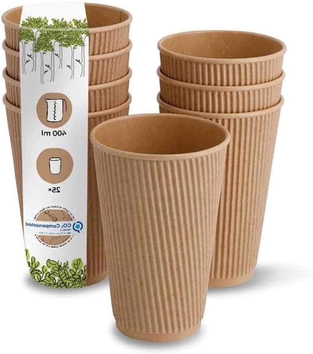 Kartonnen Bekers - To Go Cups - Warme Dranken - Ribbelwand Isolatie - 400 ml 25 Stuks - Bruin