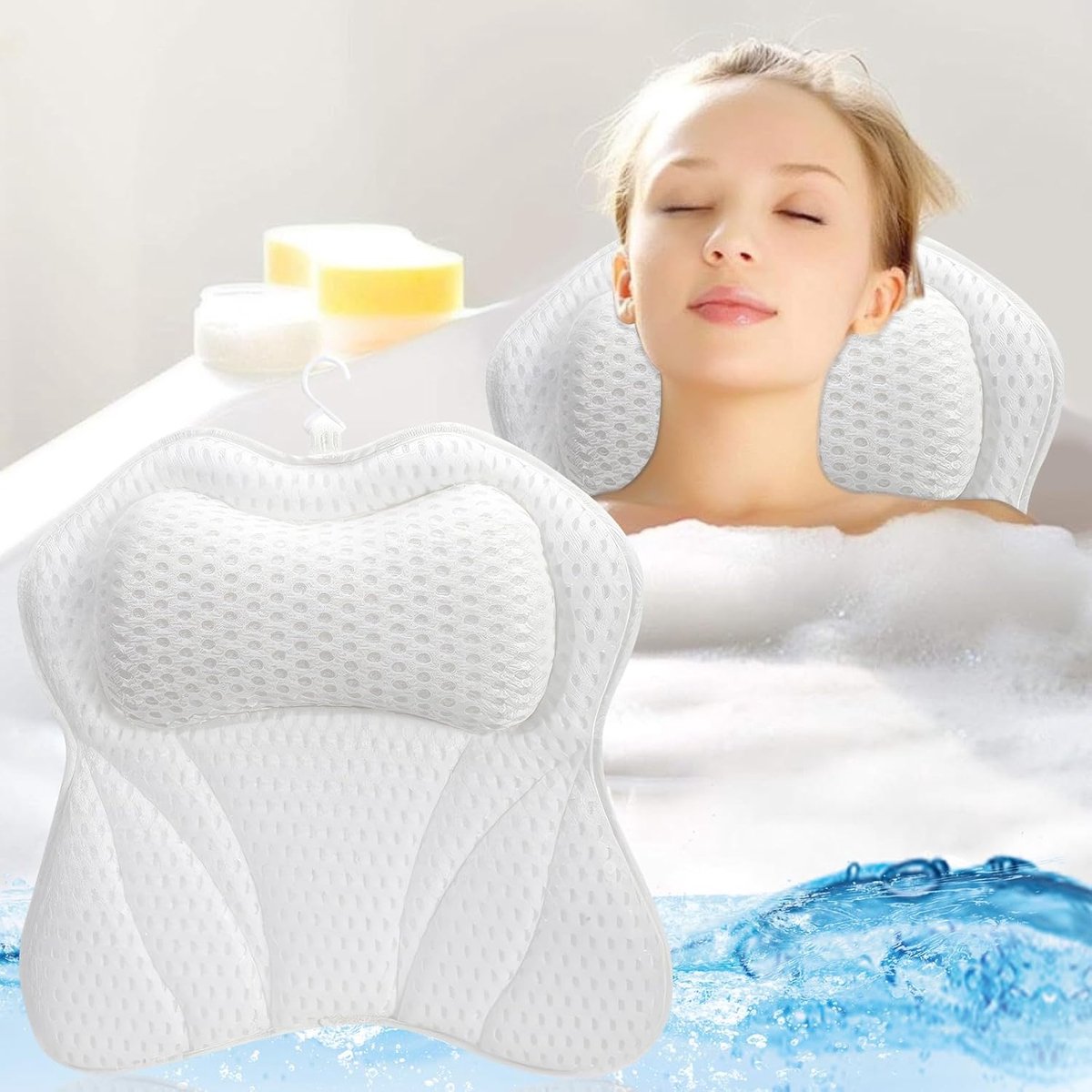 4D Ergonomisch Badkussen met 6 Krachtige Zuignappen, Badkussen voor Ondersteuning Hoofd Nek Schouders Rug, Badkussen Ademend Mesh Antislip Verwijderbaar, Whirlpool Accessoires voor Spa Home
