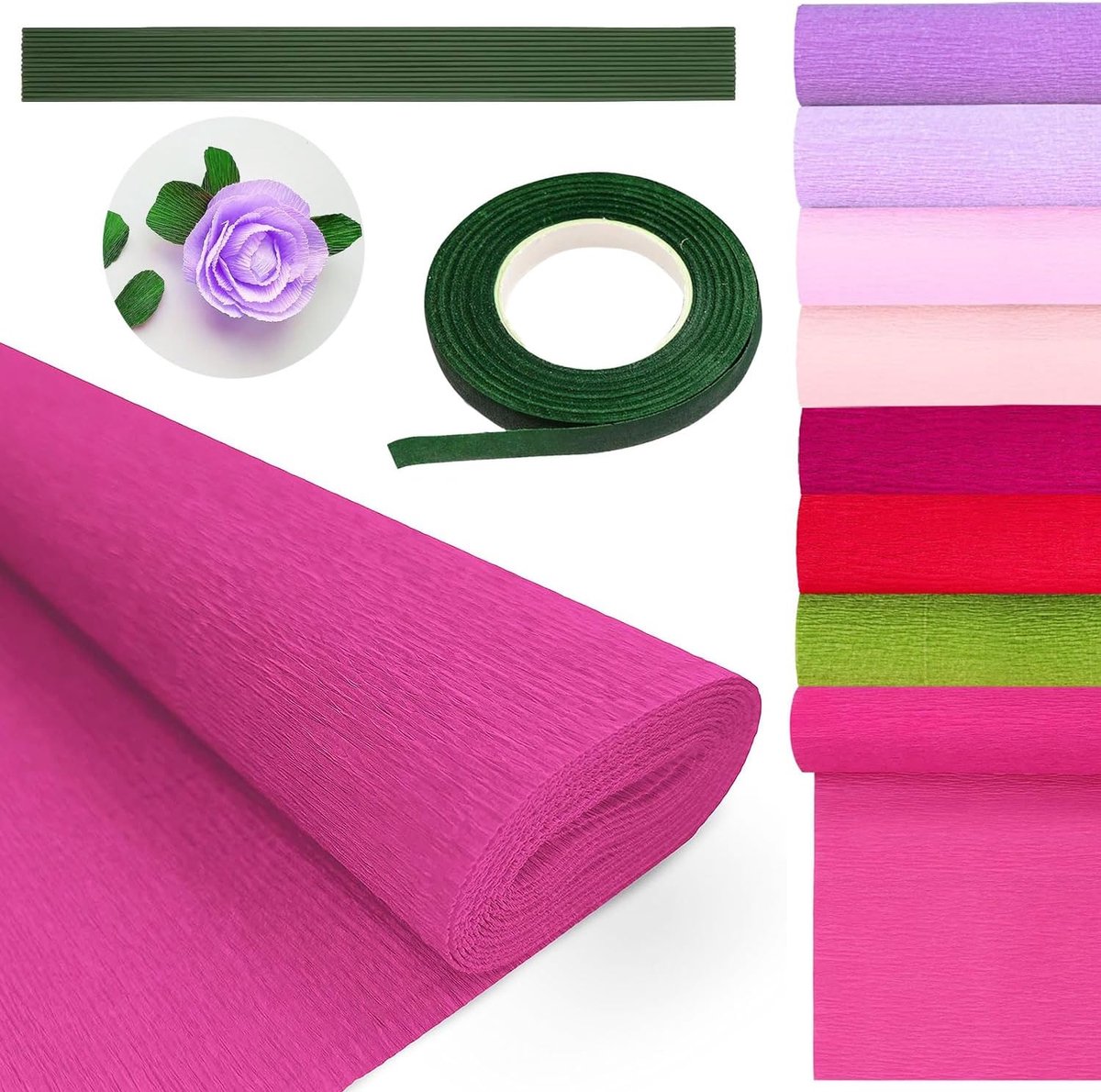 Crêpepapier rollen crêpepapier voor het maken van bloemen crêpe rol 25 x 250 cm doe-het-zelf papieren bloemen 1 rol groene bloementape en 20 bloemendraadstelen doe-het-zelf decoraties