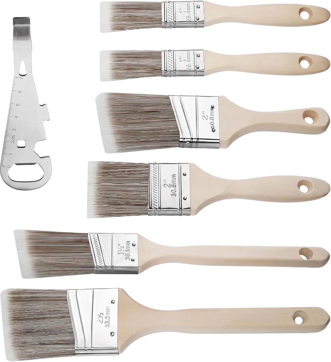 6 stuks schilderpenselen, 25/38/50/63 mm breedte met 1 verfblikopener