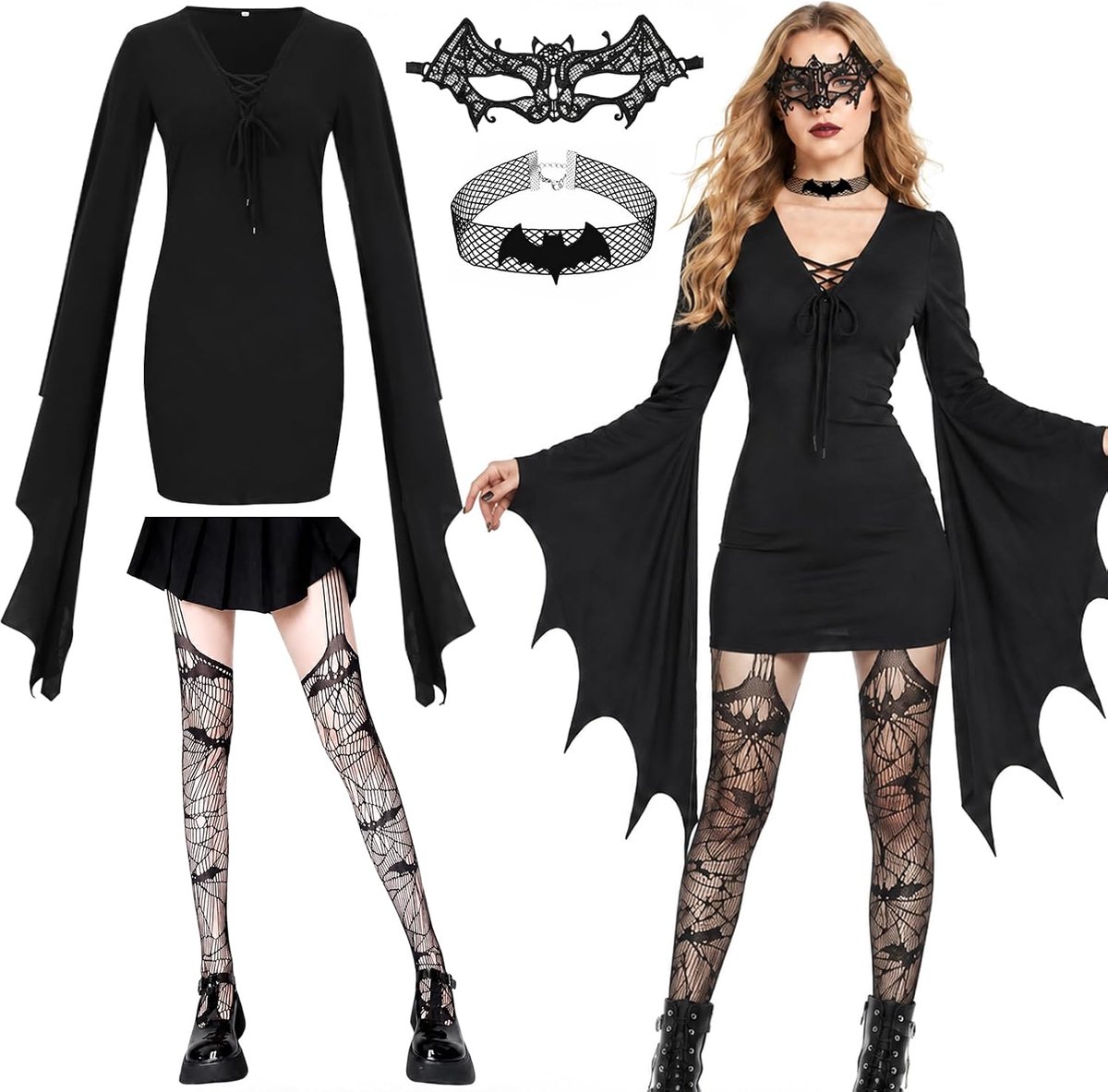 Halloween-kostuum voor dames met gothic jurk, vleermuismasker, halsketting, kousen, vampierkostuums, volwassenen, retro, middeleeuwse vampier, cosplay, carnaval, Halloween