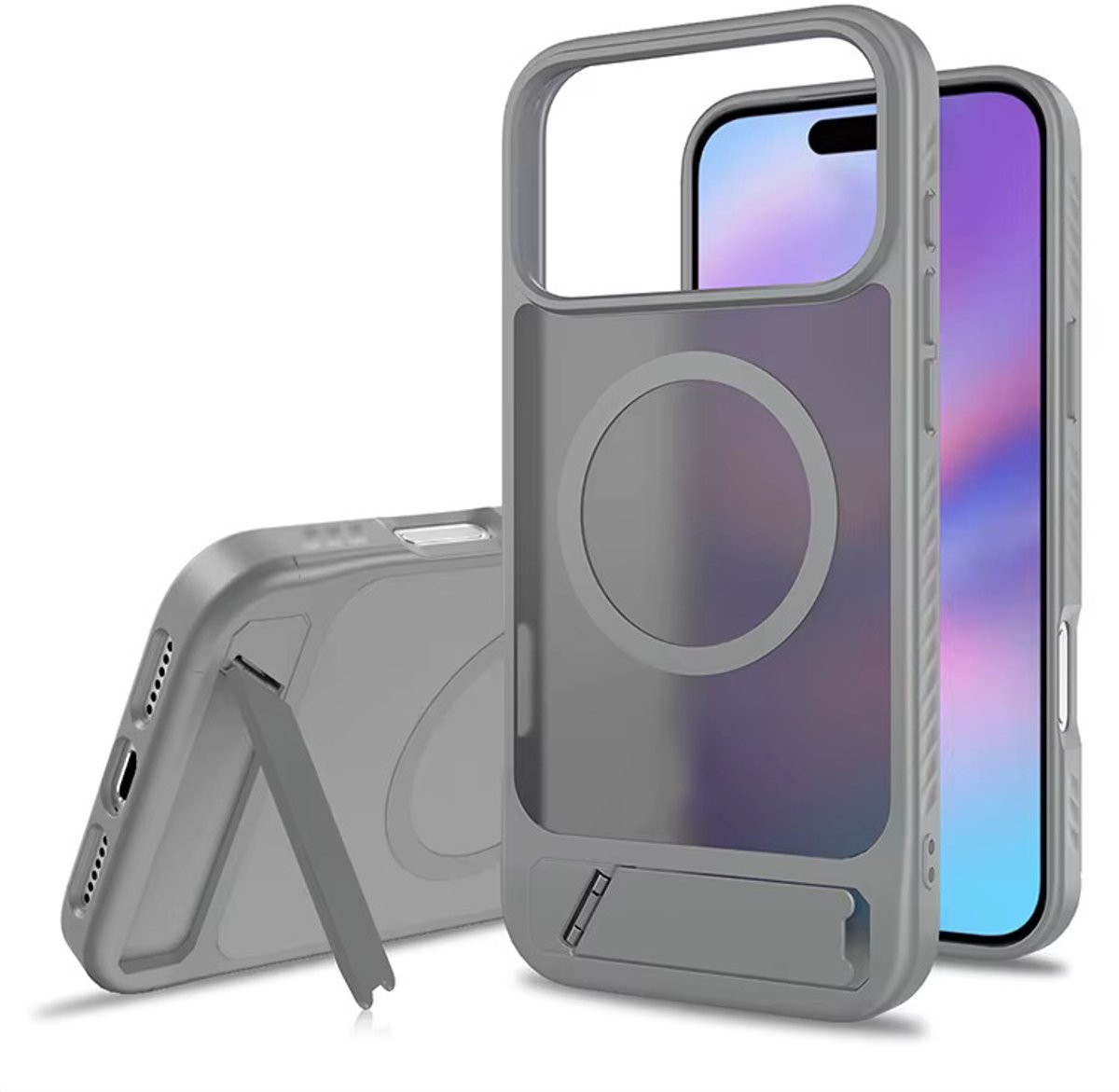 Hoesje Geschikt voor Apple iPhone 18 Pro - Grijs - Casemania Magnetisch Matte Armor Back Cover met Kickstand - Geschikt voor MagSafe Draadloos Opladen - Telefoonhoesje met Handsfree Standaardfunctie