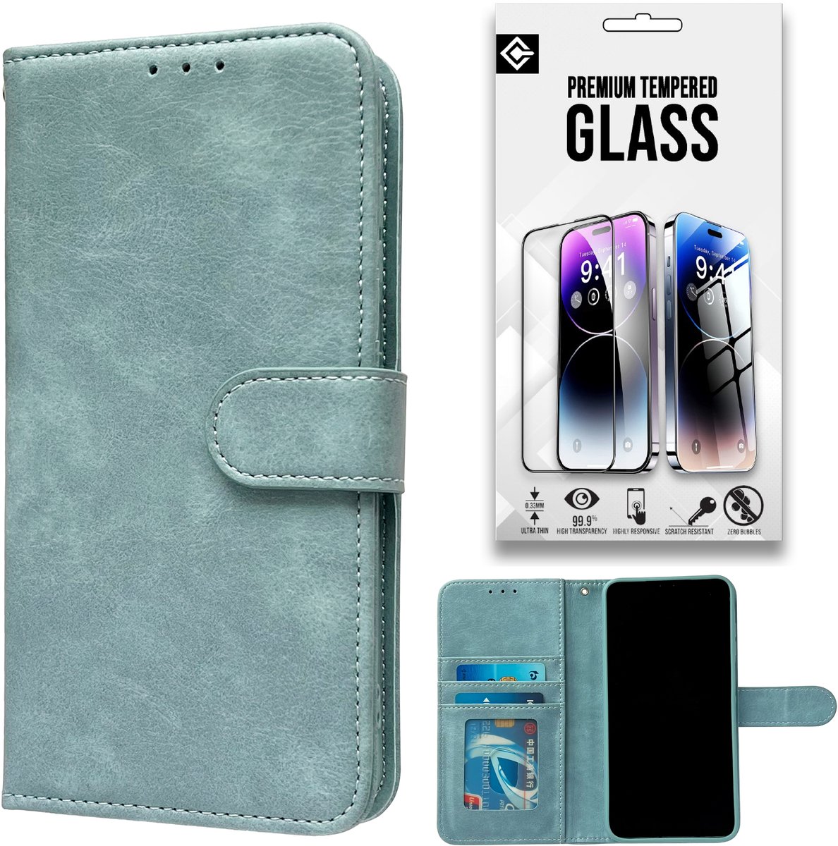 Casemania Hoesje en Glas Geschikt voor Apple iPhone 18 Pro - Licht Blauw - Luxe Portemonnee Book Case met Pasjeshouder - Wallet Case Telefoonhoesje - 1x Tempered Glazen Screenprotector