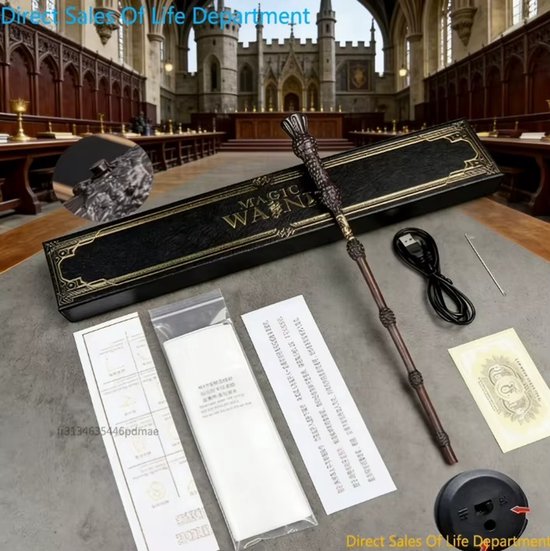 De Magic Wand toverstaf in een zwarte doos met gouden letters, met oplaadkabel en instructies.