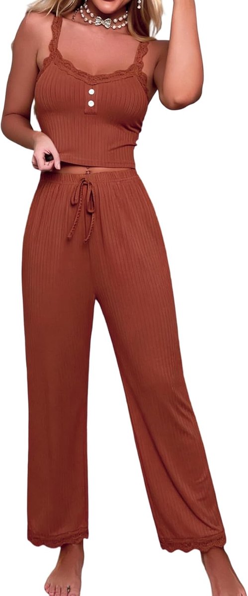 2-delige pyjamaset voor dames, kanten pyjama, buikvrij, cami-top, lange broek, V-hals, nachtkleding, elegant, mouwloos, prikkelend, zacht, loungewear, comfortabel, negligé, elastisch