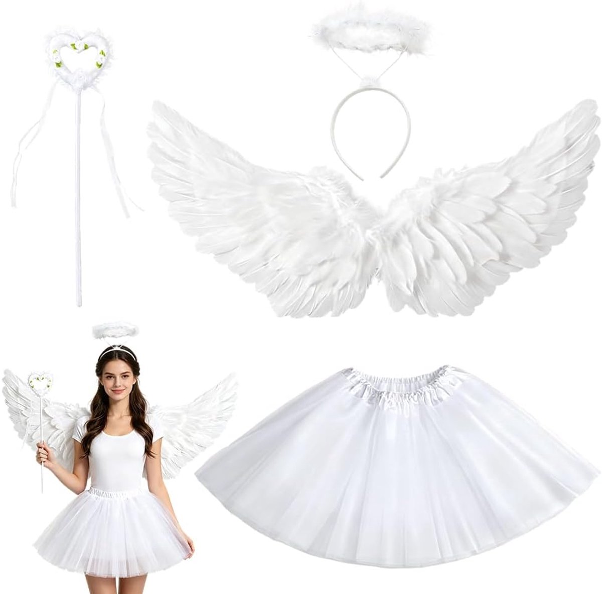 4-delig engelenvleugelkostuum, engelenvleugels en halo-muur, engelenkostuum, accessoires met tutu-rok van tule, kerstengelkostuum voor Halloween, cosplay, feest en carnaval