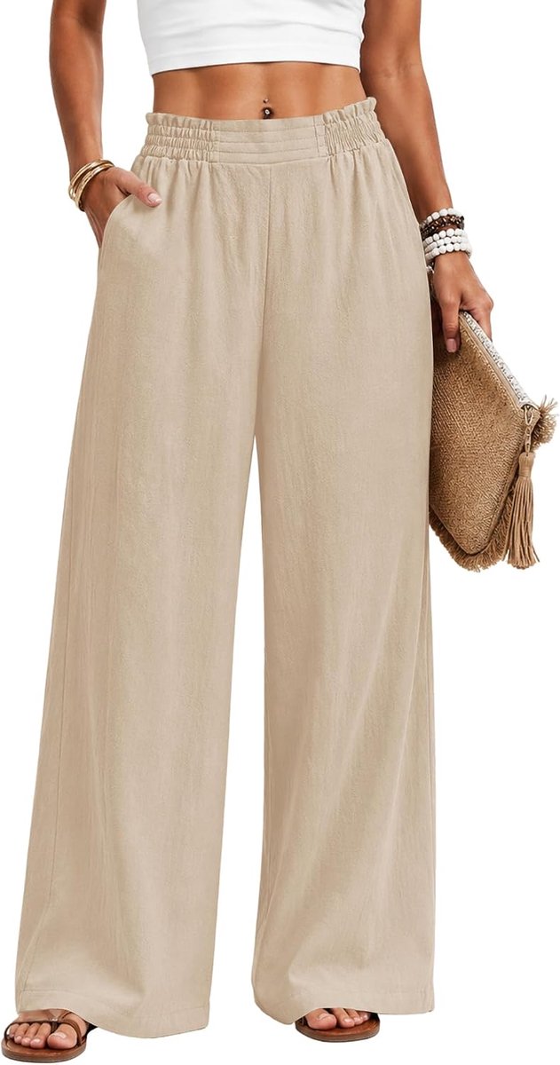 iWoo Linnen damesbroek met wijde pijpen voor dames, zomer, casual broek