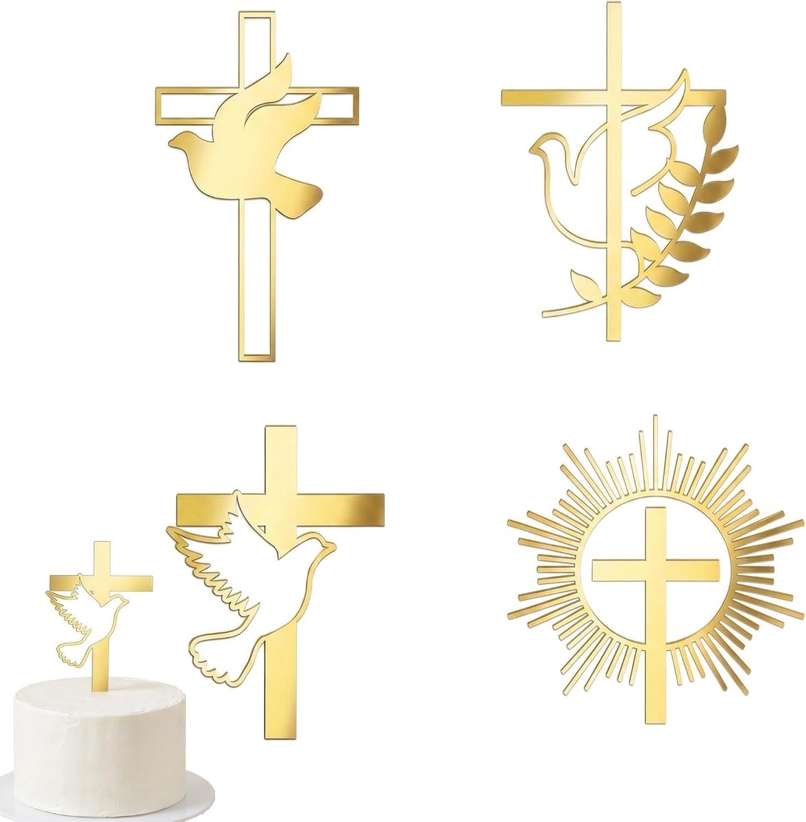 4 stuks taartdecoratie voor doop, 4 stijlen, goud