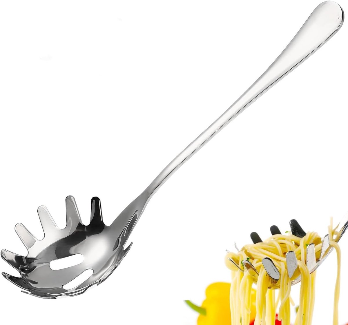 Spaghettilepel, roestvrij staal, spaghettitang, pastalepel met tanden, spaghettilift, pastamper, pastamper, keukenhulp als pasta, ravioli, ijsblokjes