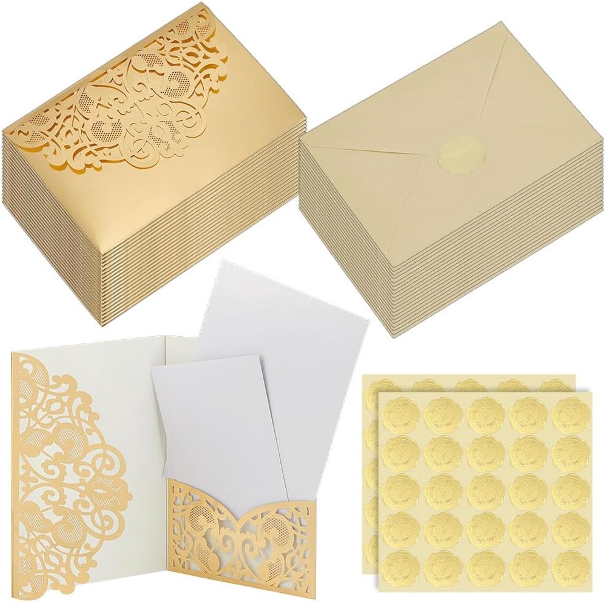 Uitnodigingen met gouden lasersnit met enveloppen en stickers, drievoudige bruiloftsuitnodigingsset voor bruiloftskaarten, 12 x 18 cm, voor trouwdag (inclusief 2 maten