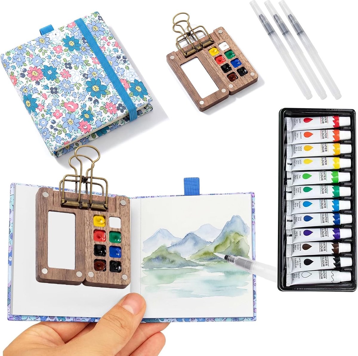 Dailygoods- Aquarelset Mini - Draagbare Houten Kist - 12 Aquarelkleuren - Aquarelpenselen - Schetsboek - Magnetisch Palet - Schilderset