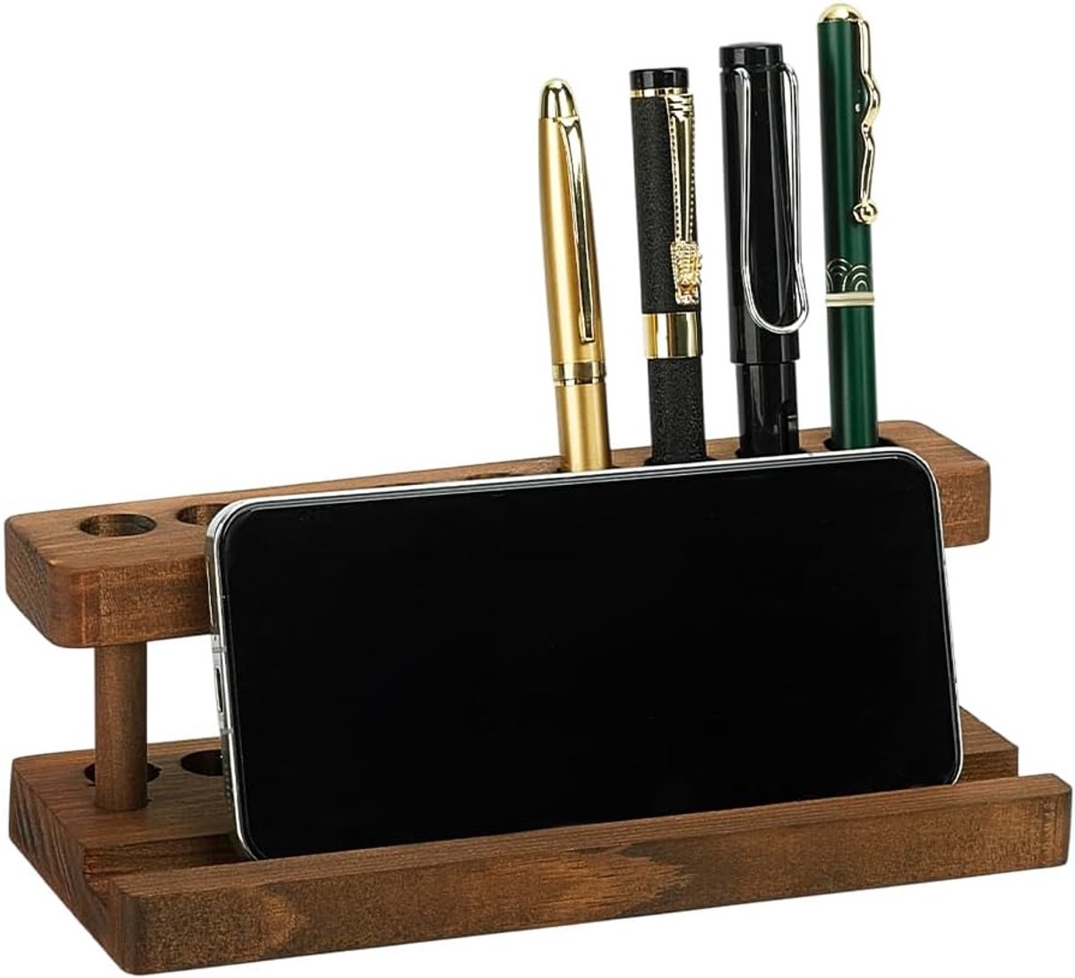 Dailygoods - Houten Pennenhouder met Telefoonhouder - 9 Vakken voor Bureau