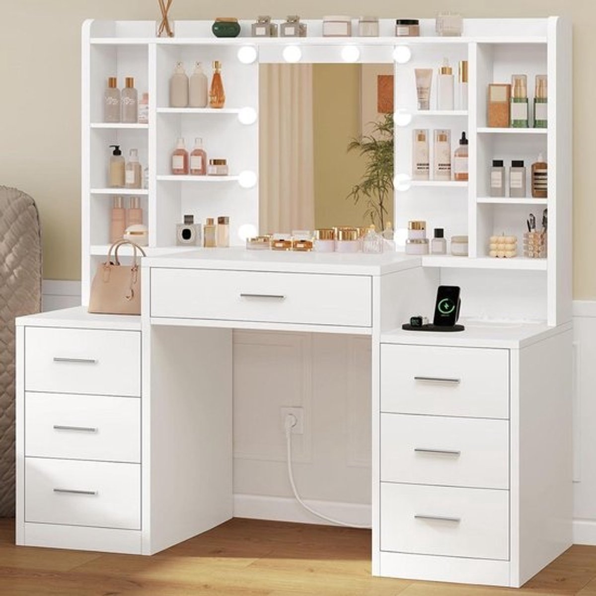 Kaptafel met Spiegel - Make-up tafel Kapset - Gezichtsverzorging - Geïntegreerde Stopcontacten & USB - 120 cm Breed - Wit