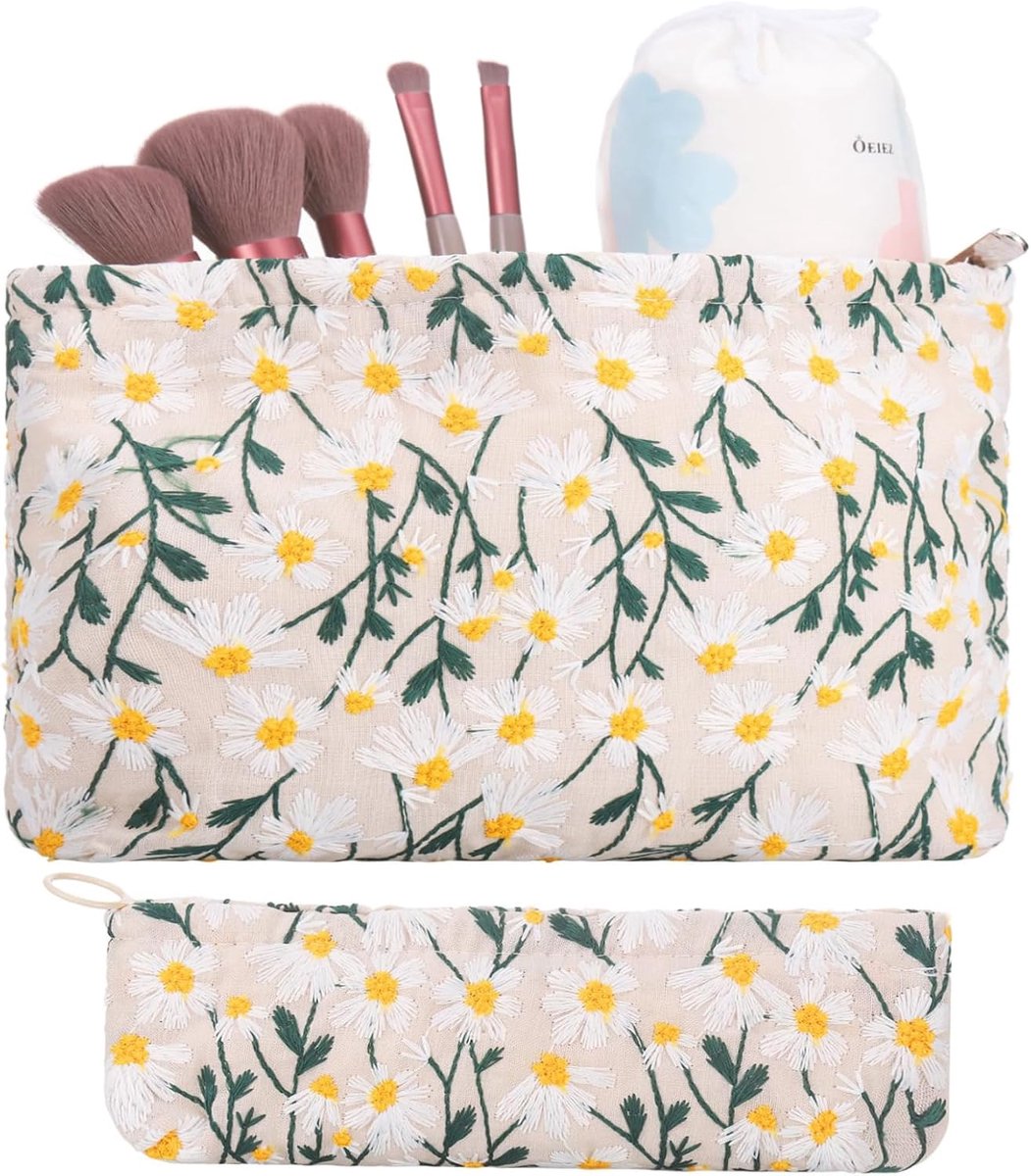 Dailygoods- Cosmeticatas 2-delig - Kleine Toilettas met Ritssluiting - Multifunctionele Reiscosmetica-Organizer - Compact Design - Hoogwaardig Katoene